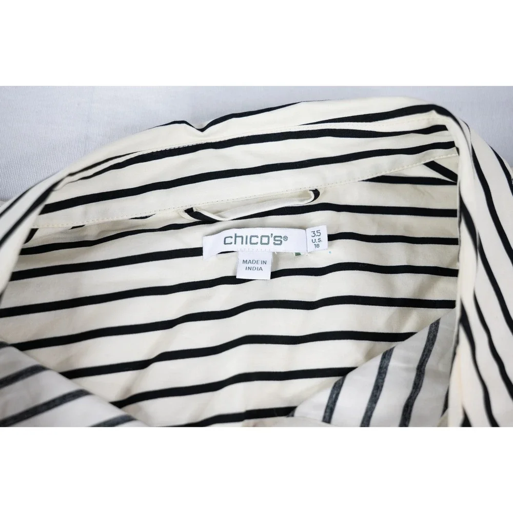 Chico's Shirt Dress Womens 3.5 (US 18) Ivory Black Stripe Excellent Cotton Maxi - Picture 5 of 7